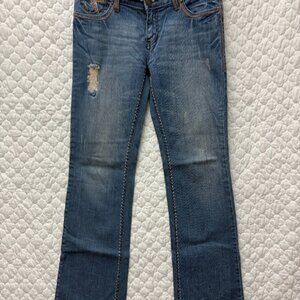 Petrol Distressed Denim Jeans 29x34‎ bootcut flare Low Rise Size 8